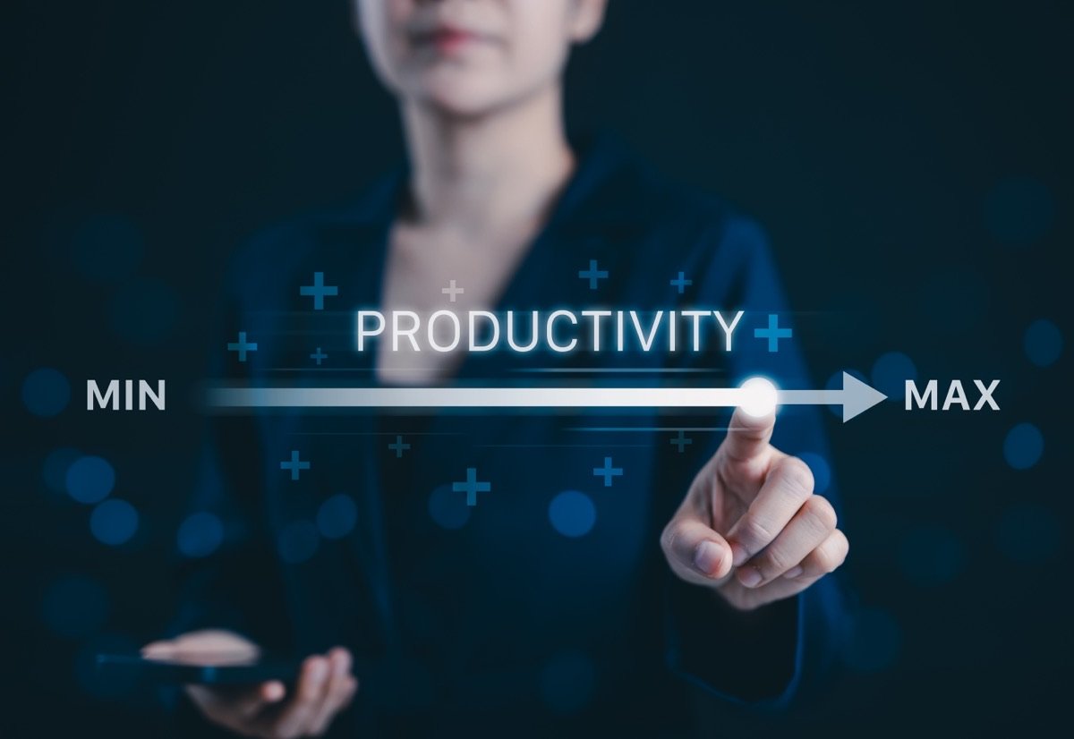 Fingerzeig auf einen Regler von MIN auf MAX mit der Aufschrift Productivity