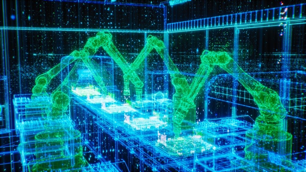 Digitaler Zwilling einer Fertigungslinie: Roboterarme und Förderband als leuchtendes Drahtgittermodell